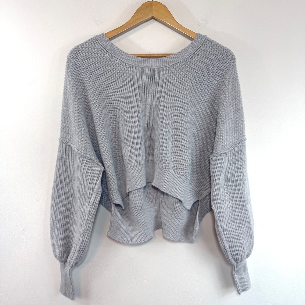 Aerie Ribbed Balloon Sleeve Sweater Light Gray High Low Oversized Cozy Lounge XS